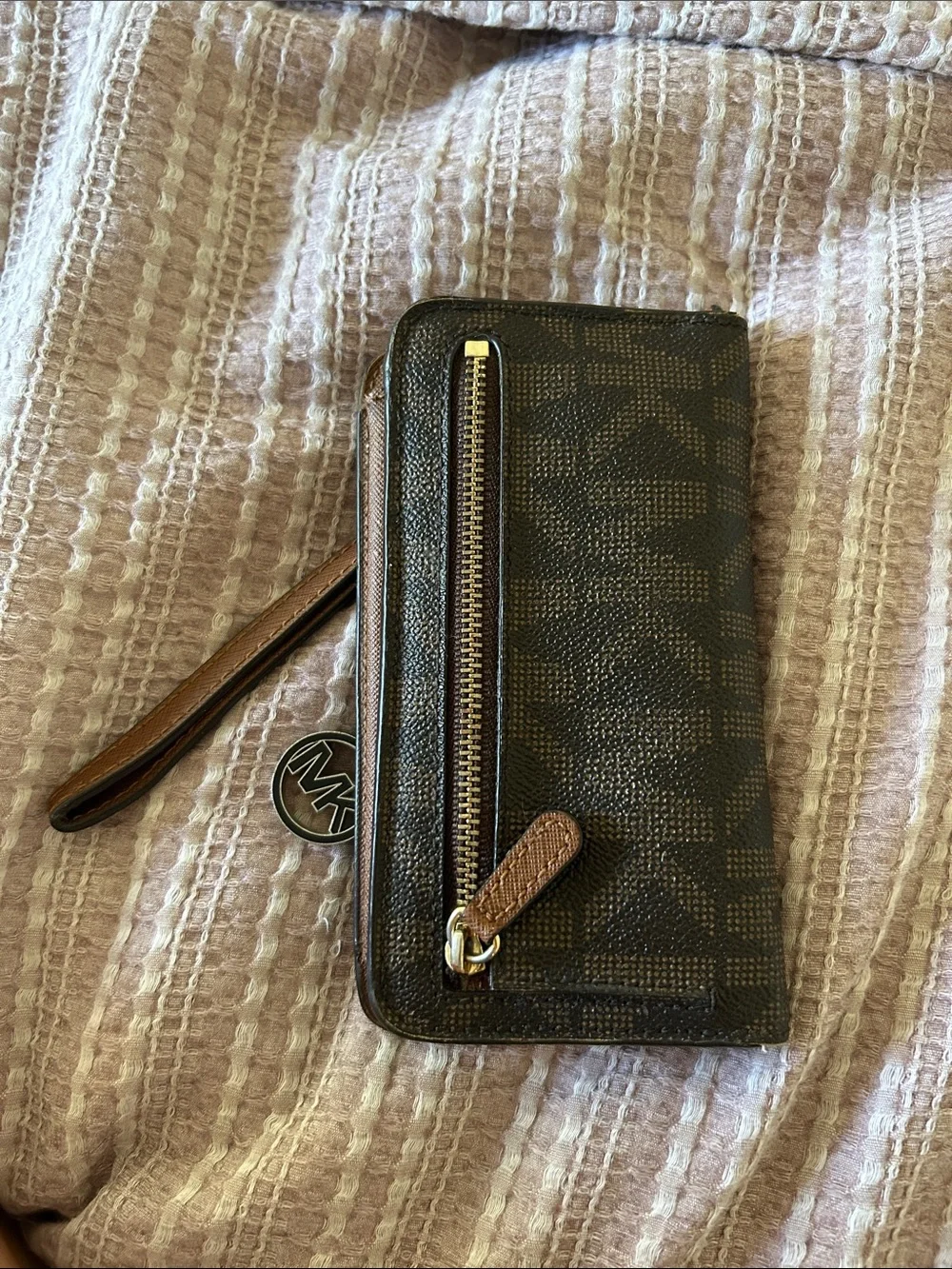 Michael Kors Brown Logo Wristlet Phone Clutch with Gold Accents
